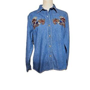 Cabin Creek Vintage Embroidered Floral Denim Shirt - Size Petite Medium